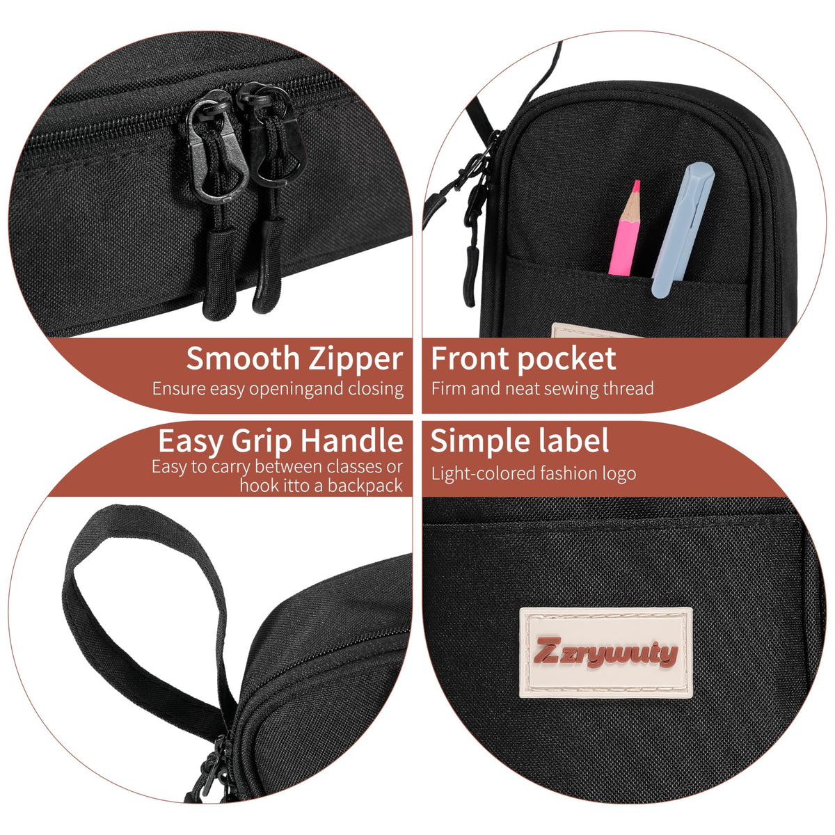 Zzrywuty Large Zipper Pen Case Pencil Pouch for Office Travel Black