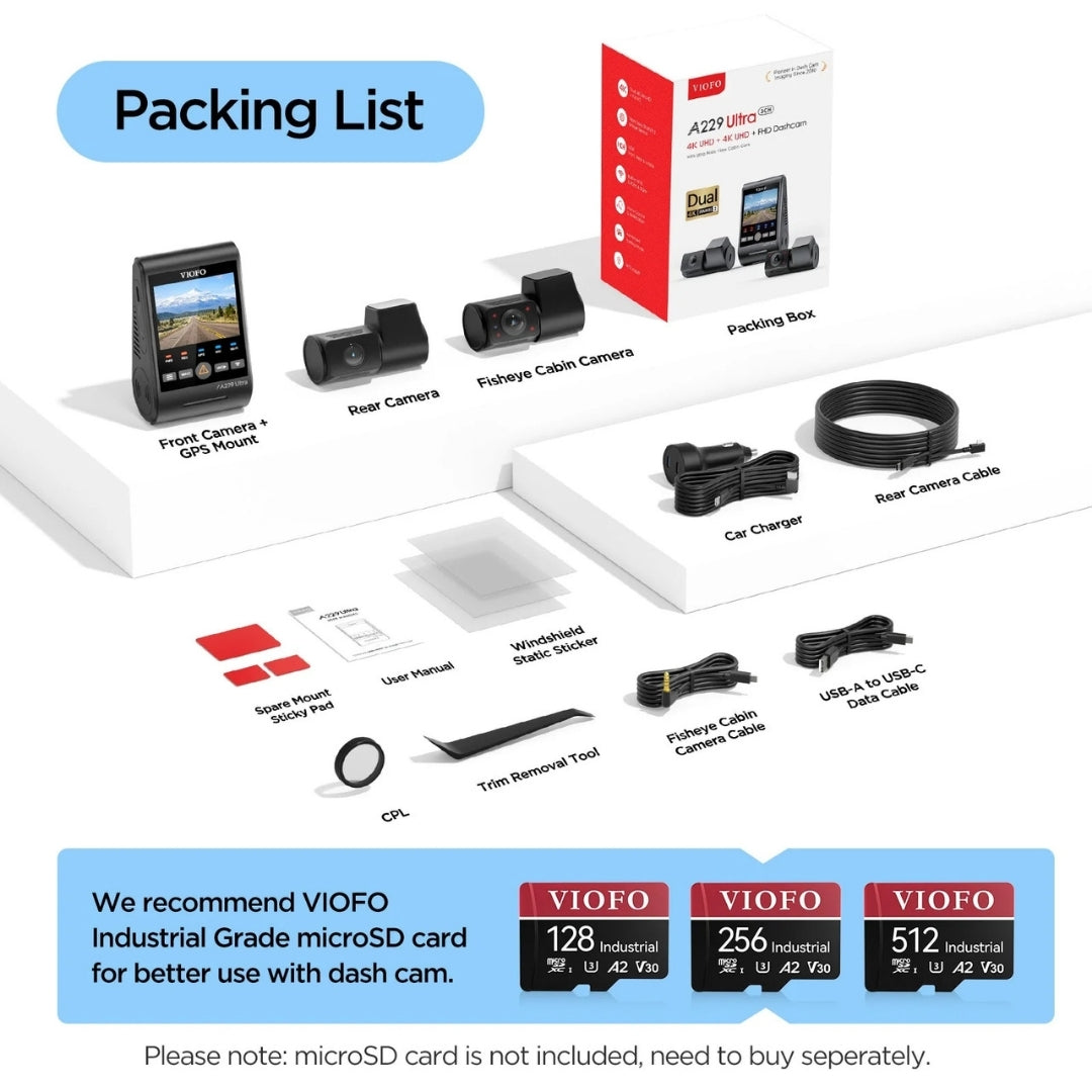 VIOFO A229 Ultra 4K+4K+1080p 3-Channel 30FPS UHD Dash Cam
