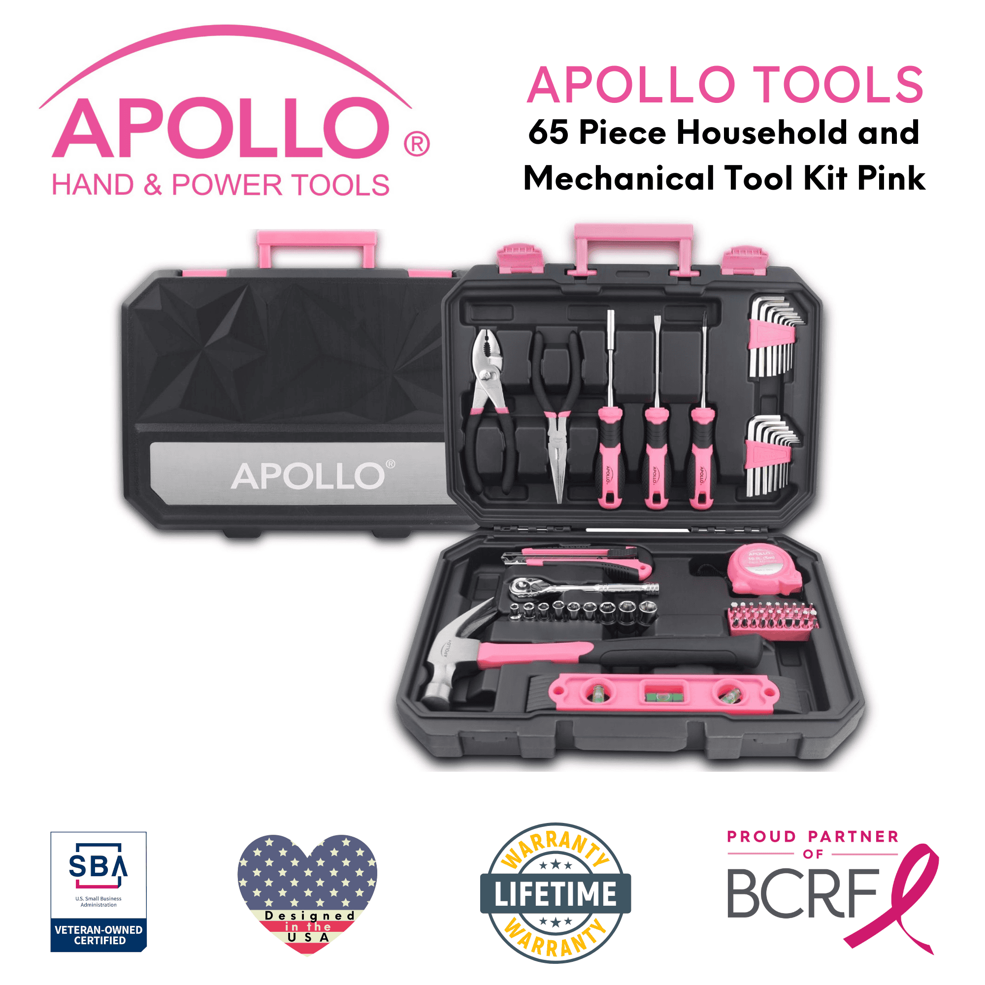 Essential 65-Piece Pink Tool Set with Socket Set and Most-Used Tools for Do it Yourself Repairs and Maintenance - DT0001P