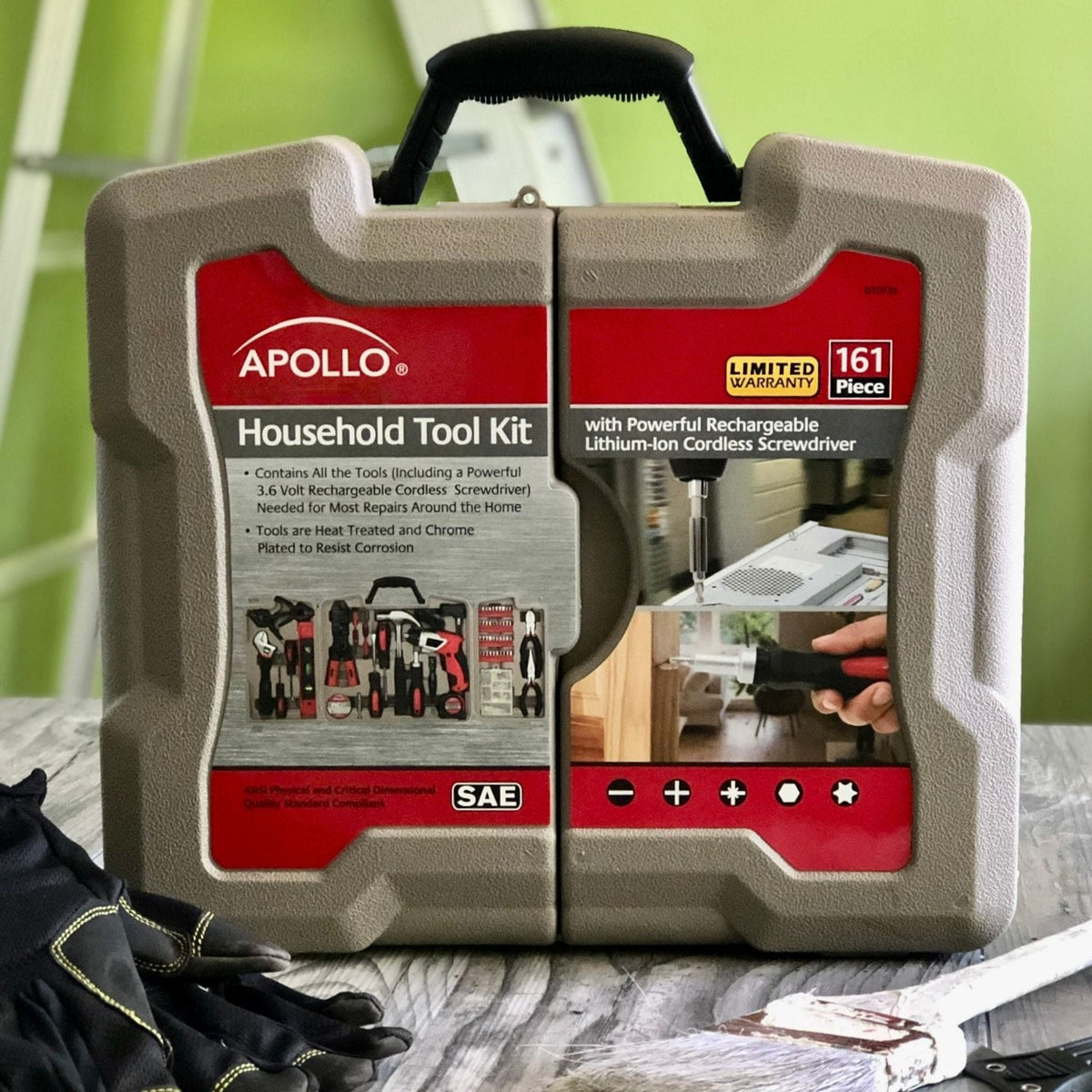161 Piece Household Tool Kit with Convenient 3.6 Volt Lithium Ion Cordless Screwdriver - DT0739