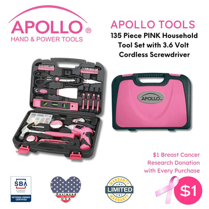 135 Piece Household Tool Kit Pink with Pivoting Dual-Angle 3.6 Volt Lithium-Ion Cordless Screwdriver - DT0773N1