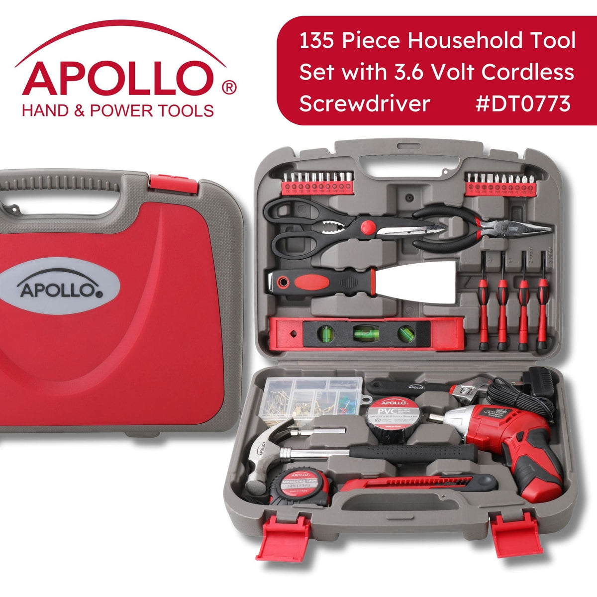 135 Piece Household Tool Set with Pivoting Dual-Angle 3.6 Volt Lithium-Ion Cordless Screwdriver - DT0773