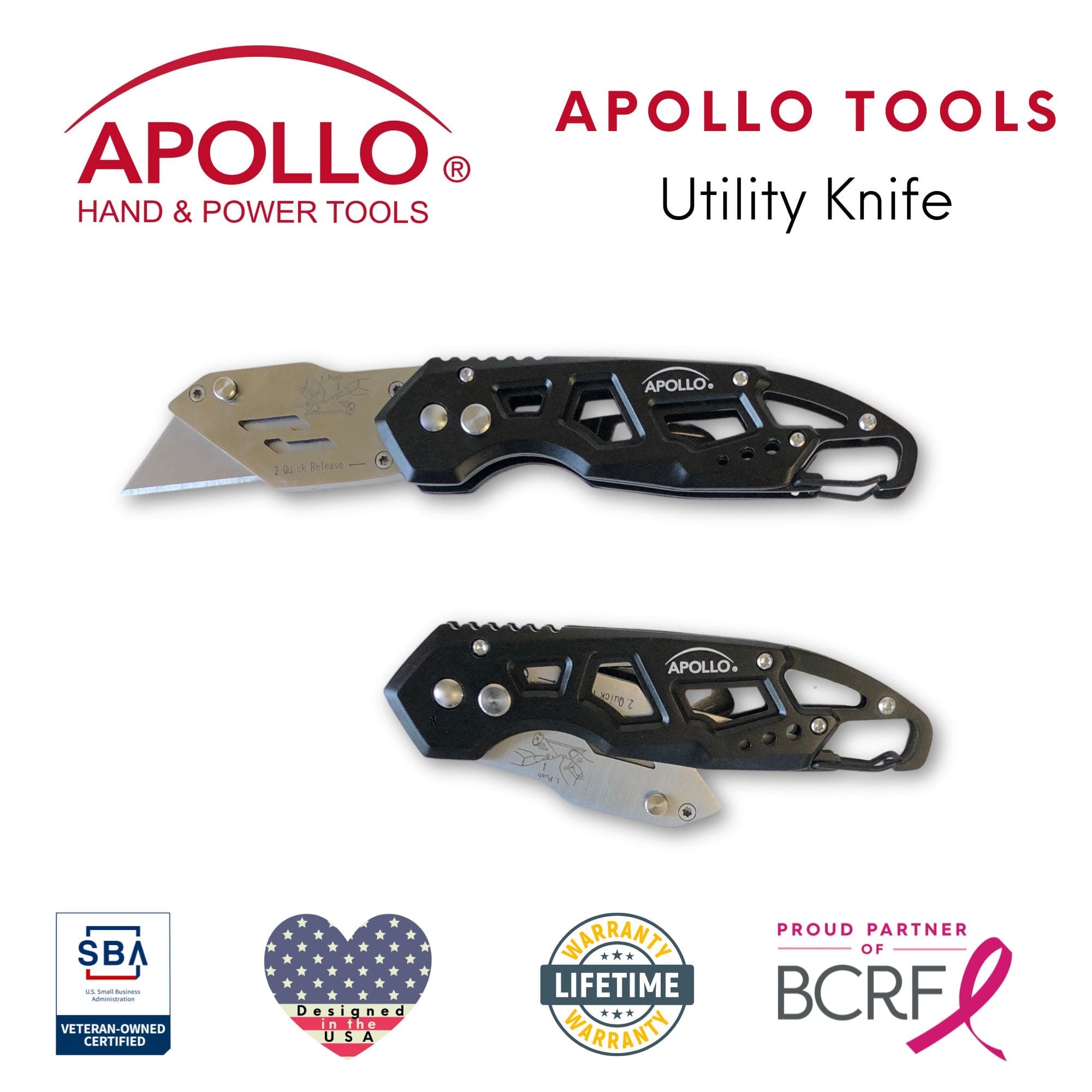 Ergonomic Stainless Steel, Lightweight, Foldable Black Utility Knife with Carabiner Clip and Fast-Change Blade - DT5017