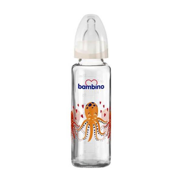Bambino 225ml Glass Baby Bottle with Slow Flow Nipple - Cream Yellow Octopus Design, Non-Toxic & Eco-Friendly for Newborns