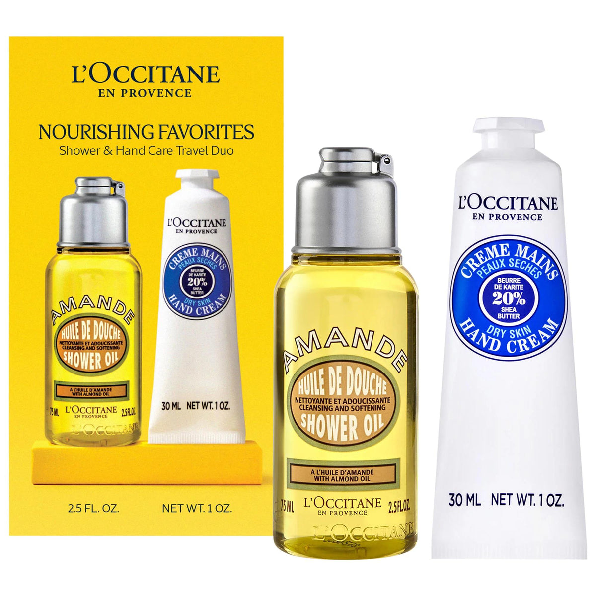 L'Occitane Hand and Body Care Nourishing Travel Favorites Kit: Hydrating Almond Shower Oil & Shea Butter Hand Cream for Dry Skin