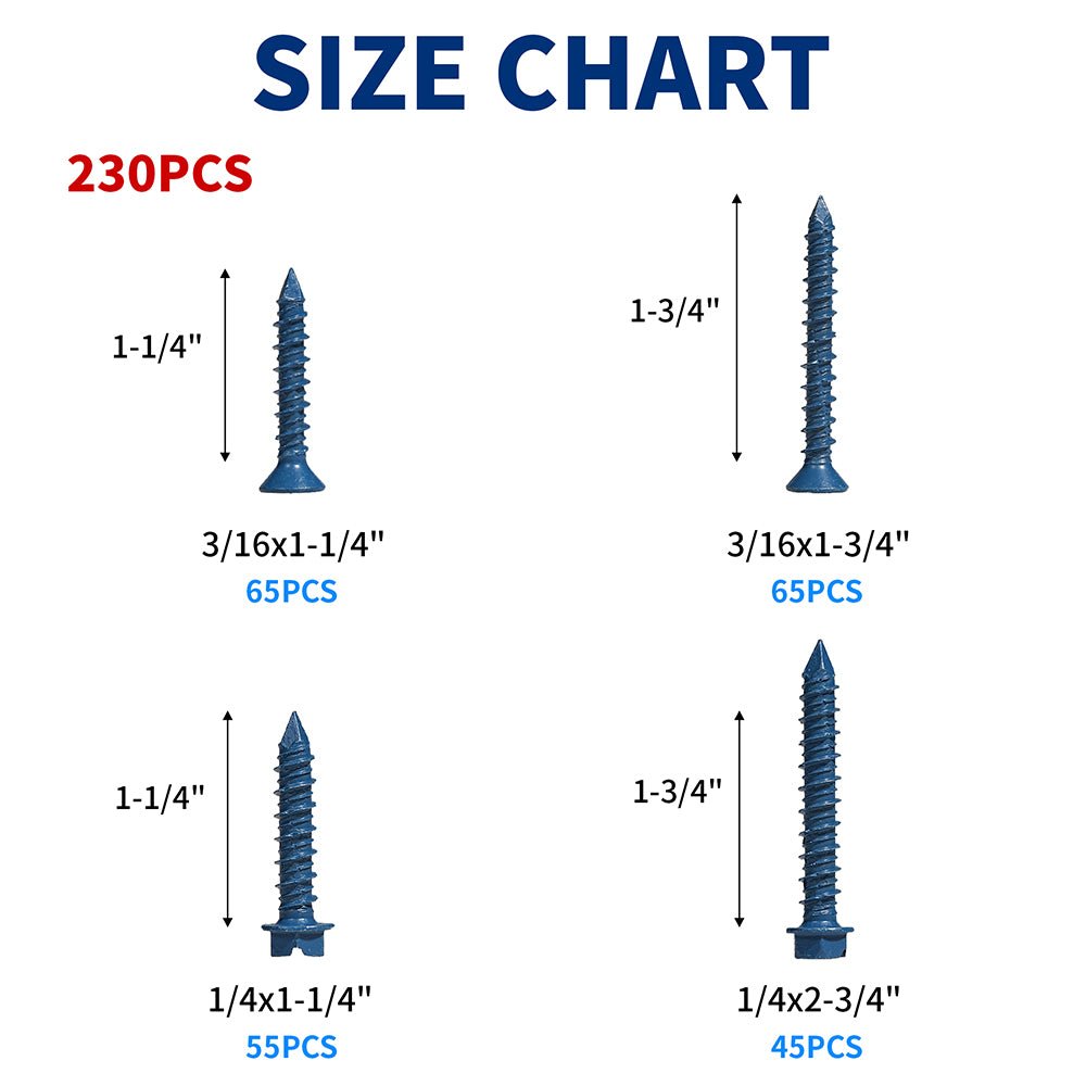 230Pcs Phillips Flat & Hex Washer Head Concrete Screws 1/4" & 3/16" Blue with Drill Bit
