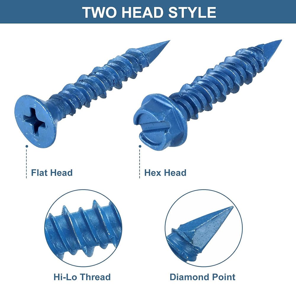 230Pcs Phillips Flat & Hex Washer Head Concrete Screws 1/4" & 3/16" Blue with Drill Bit