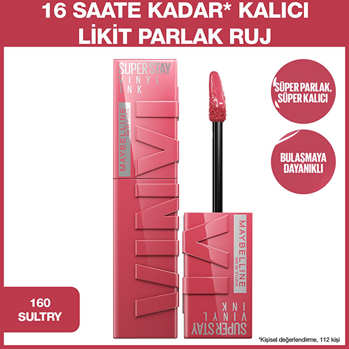 Maybelline New York Super Stay Vinyl Ink Liquid Lipstick - Long Lasting, High Shine, Smudge Resistant - 160 Sultry