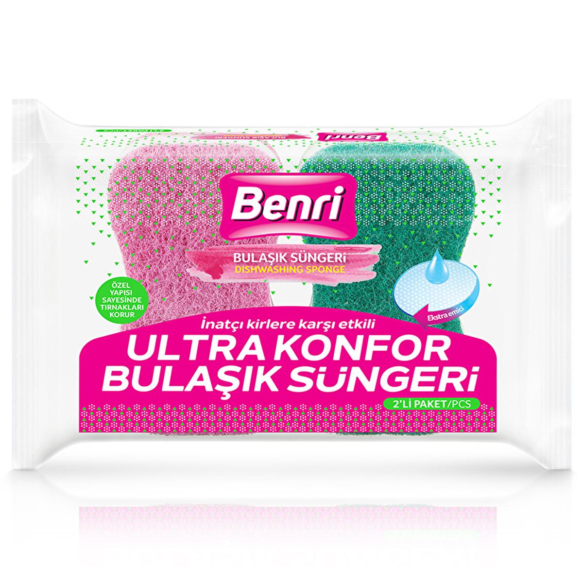 Benri Ultra Konfor Dish Sponge 2-Pack - Ergonomic, Ultra-Strong Fiber Structure for Effective Kitchen Cleaning