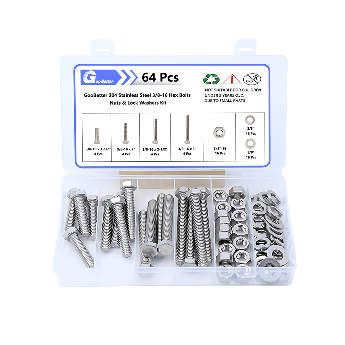 64Pcs 1/4''-20 Hex Head Bolts And Nut & Washer Assortment Kit 304 Stainless Steel