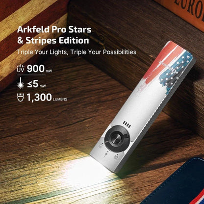 OLIGHT ARKFELDPRO3RSTARS Arkfeld Pro Flat EDC Flashlight with LED Light UV and Laser - Stars & Stripes Edition
