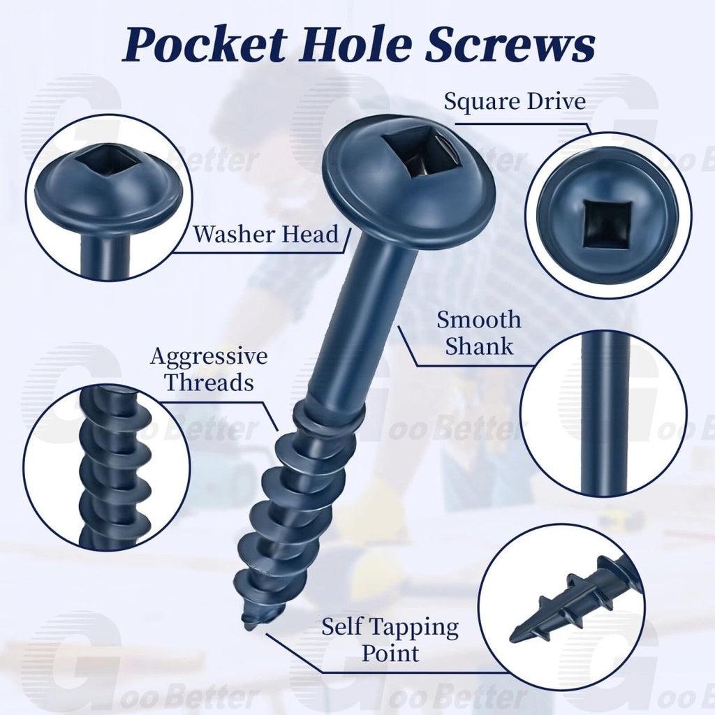 #8 Pocket Hole Screws Exterior Pocket Screw Coarse Thread Square Drive Washer Head Blue Coated With 100MM Drive Bit