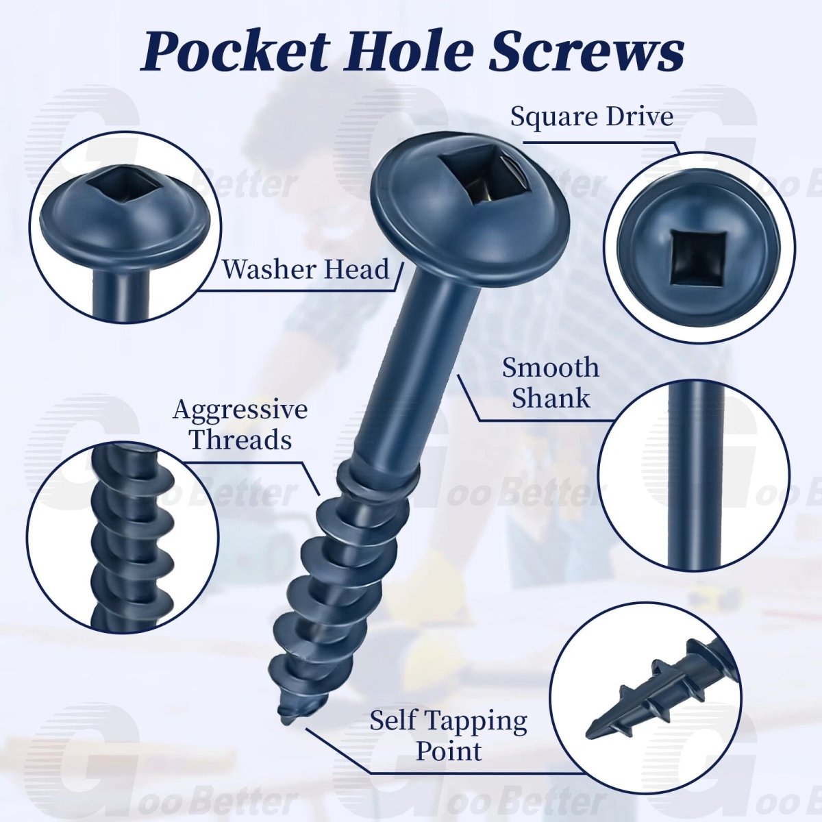 #8 Pocket Hole Screws Exterior Pocket Screw Coarse Thread Square Drive Washer Head Blue Coated With 100MM Drive Bit