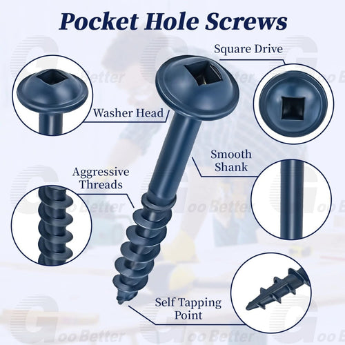 #8 Pocket Hole Screws Exterior Pocket Screw Coarse Thread Square Drive Washer Head Blue Coated With 100MM Drive Bit