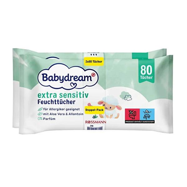 Babydream Baby Wipes for Sensitive Skin - Aloe Vera, Vegan, Hypoallergenic, DAAB Approved - 2*80 Count
