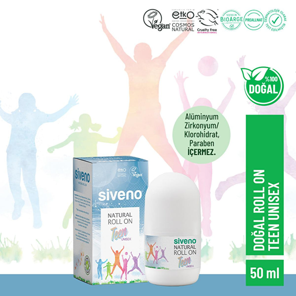 Siveno Natural Teen Unisex Roll On Deodorant - 50ml, Non-Irritating, Potassium Alum, Sensitive Skin Friendly