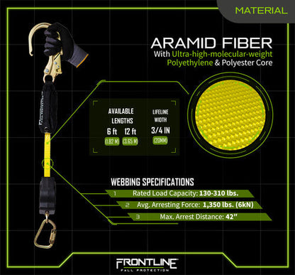 Frontline RPA061S 6' Aramid Fiber Web Single Leg SRL with Steel Snap Hook End