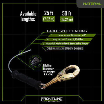 Frontline RPG25LE Leading Edge Cable Single Leg SRL with Steel Snap Hook End