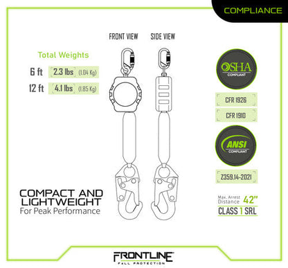 Frontline RPA061S 6' Aramid Fiber Web Single Leg SRL with Steel Snap Hook End