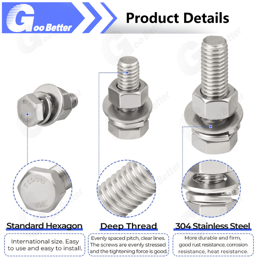 64Pcs 1/4''-20 Hex Head Bolts And Nut & Washer Assortment Kit 304 Stainless Steel