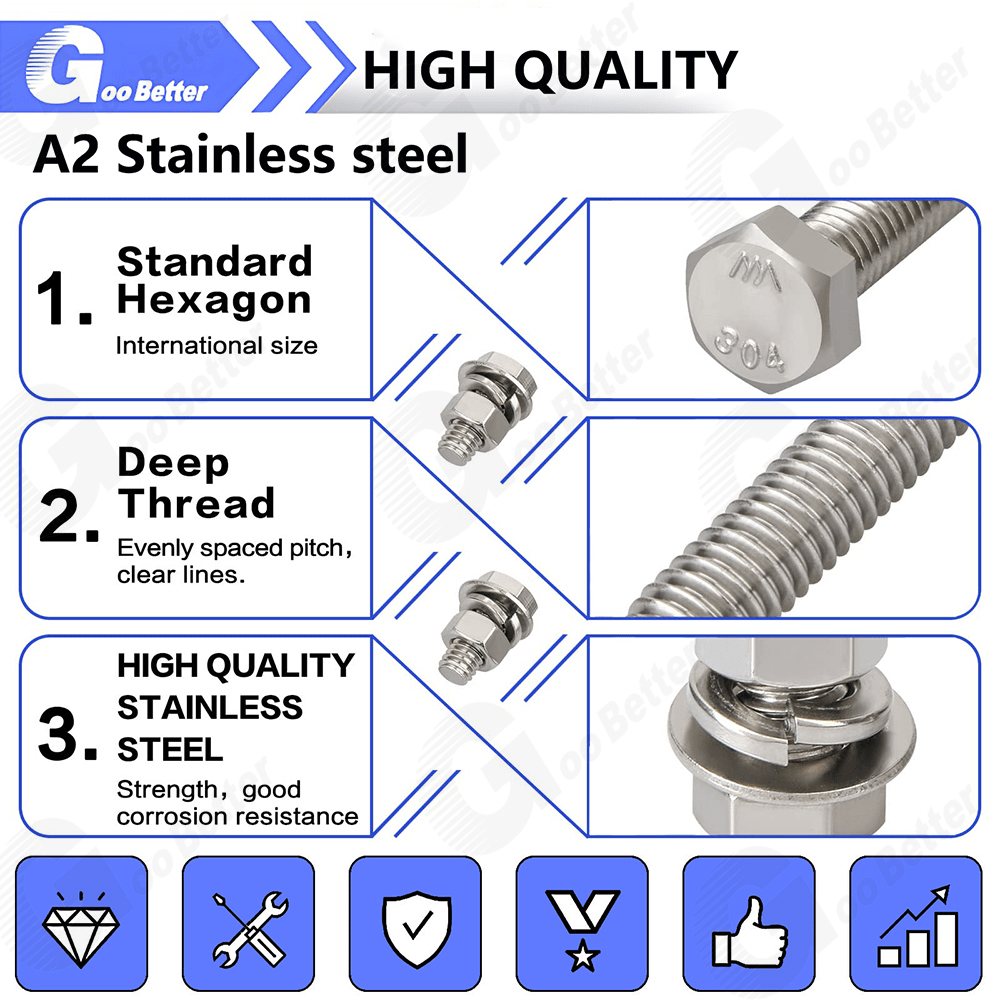 64Pcs 1/4''-20 Hex Head Bolts And Nut & Washer Assortment Kit 304 Stainless Steel