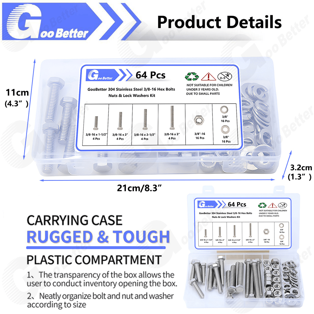 64Pcs 1/4''-20 Hex Head Bolts And Nut & Washer Assortment Kit 304 Stainless Steel