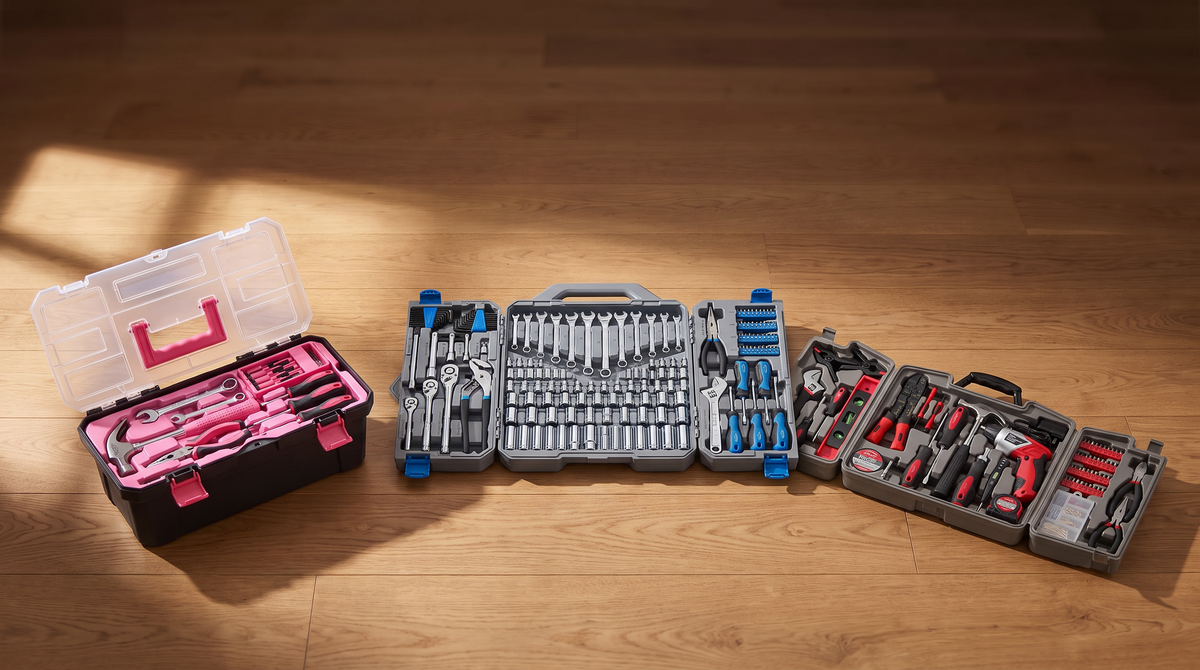 Apollo Tools pink toolbox, blue mechanics case, and red household kit displayed together on hardwood floor