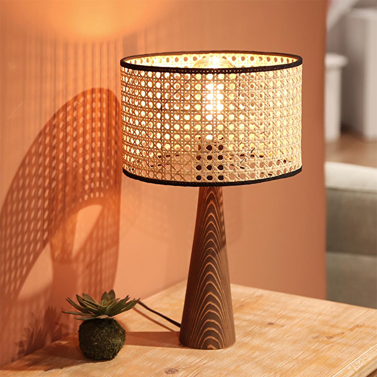 Homing Lucca Table Lamp - Rattan Shade, Wooden Body, E27 Socket, Energy-Efficient LED Lighting