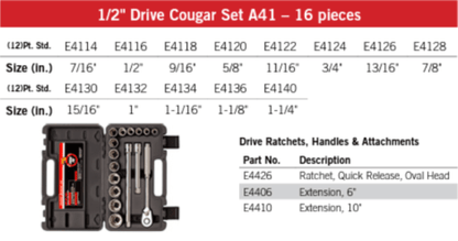 Cougar Pro Socket Wrench Set 1/2" Drive SAE 16 Pieces A41