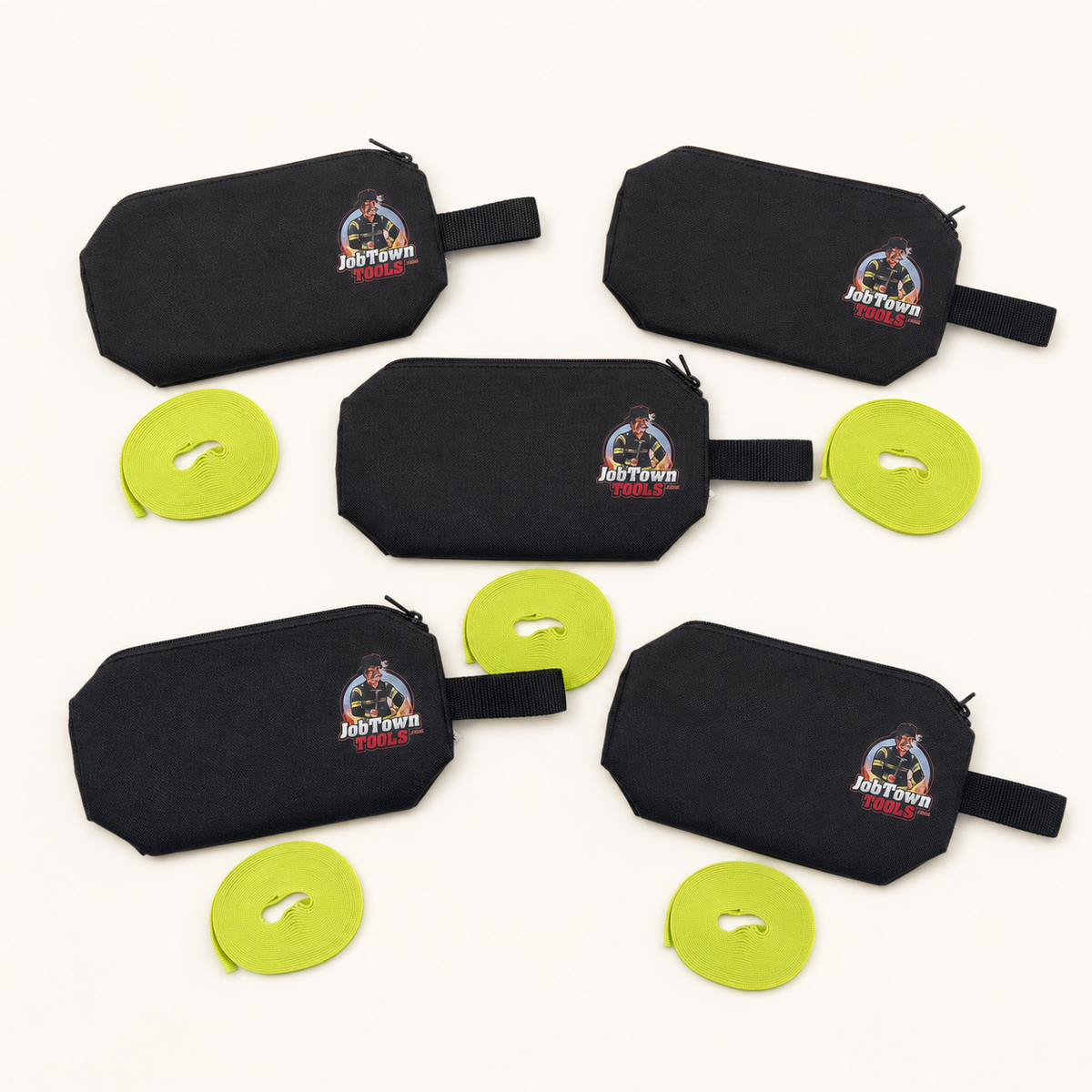 Crew pack — 5 canvas bags flat-lay overhead view