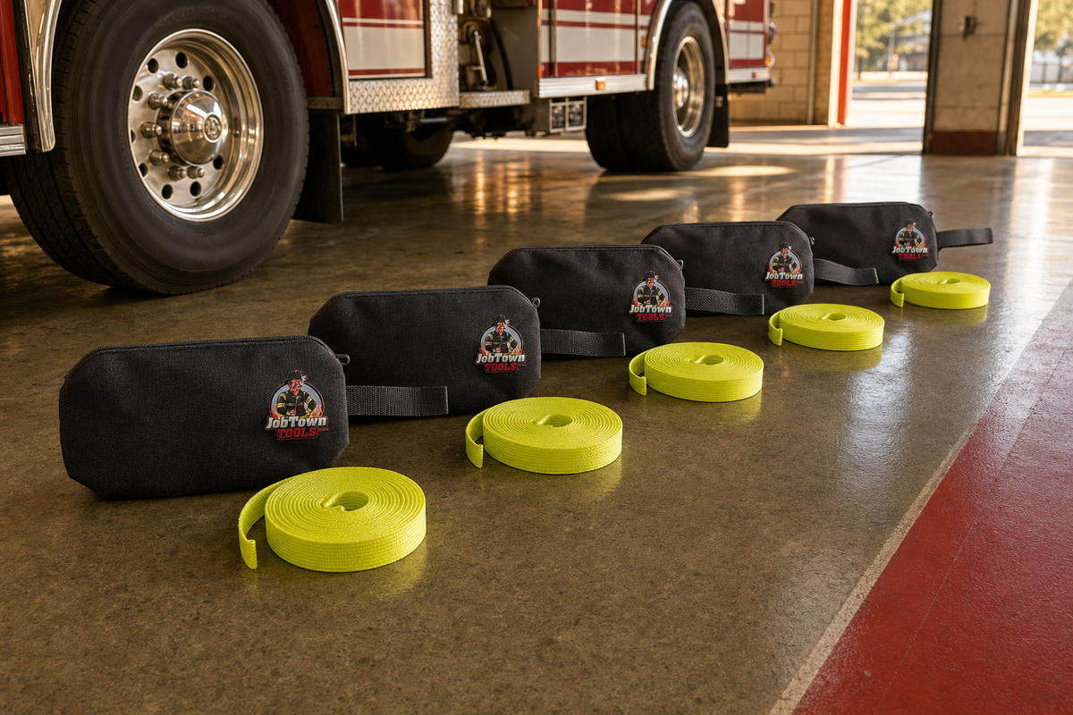 Crew pack of 5 webbing bags in firehouse apparatus bay