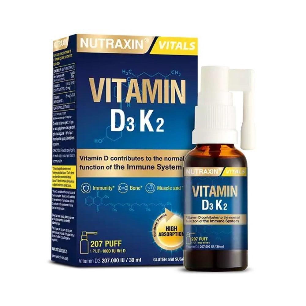 Nutraxin Vitamin D3K2 Supplement Spray - 1000 IU Vitamin D3 & 25 mcg Vitamin K2 per Spray, Allergen-Free, Bone Health Support, 30ml