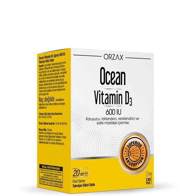 Orzax Ocean Vitamin D3 600 IU 20 ml Spray - Gluten-Free, BHA-Free Supplement for Kids and Adults