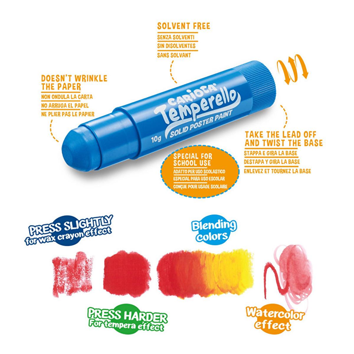 Carioca Temperello Stick Paints for Kids - 6 Washable Tempera Colors for Creative Fun