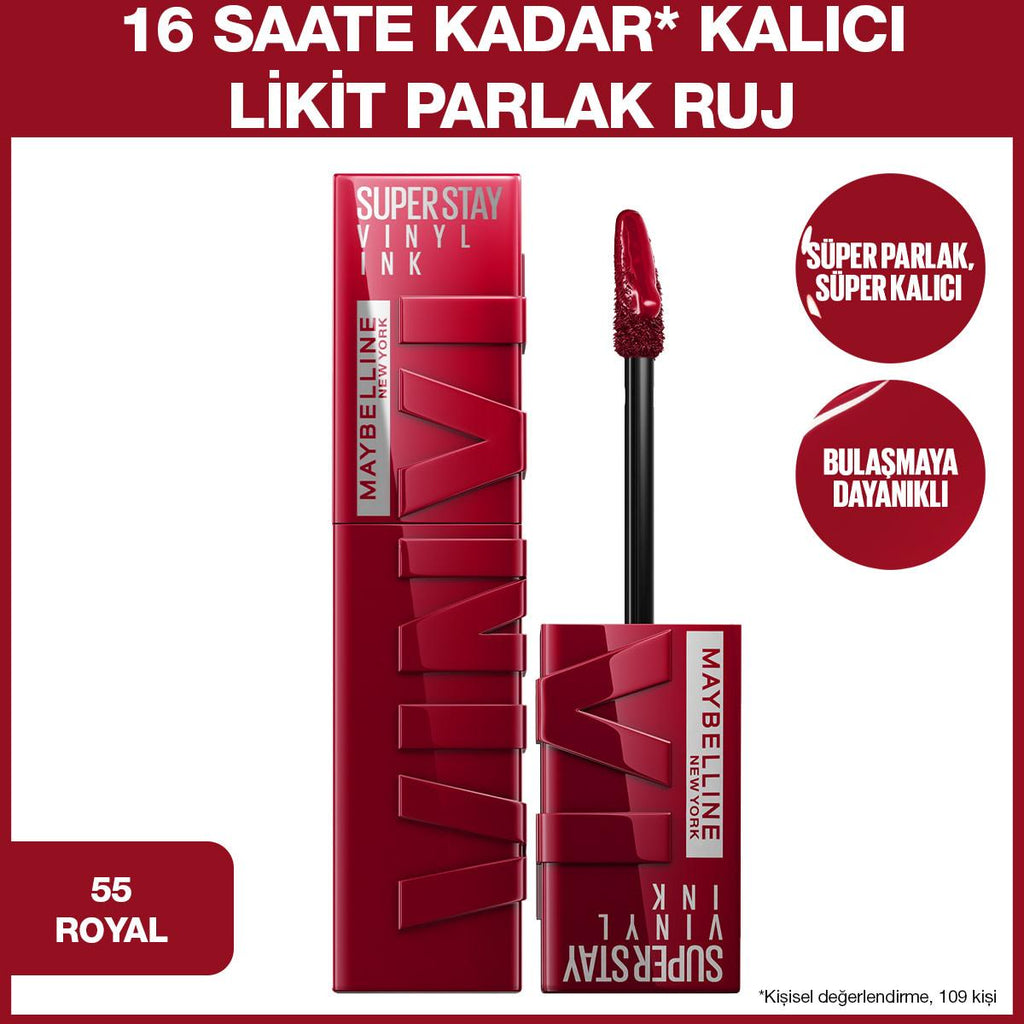 Maybelline New York Super Stay Vinyl Ink Liquid Lipstick - Long-Lasting High Shine Finish, 55 Royal