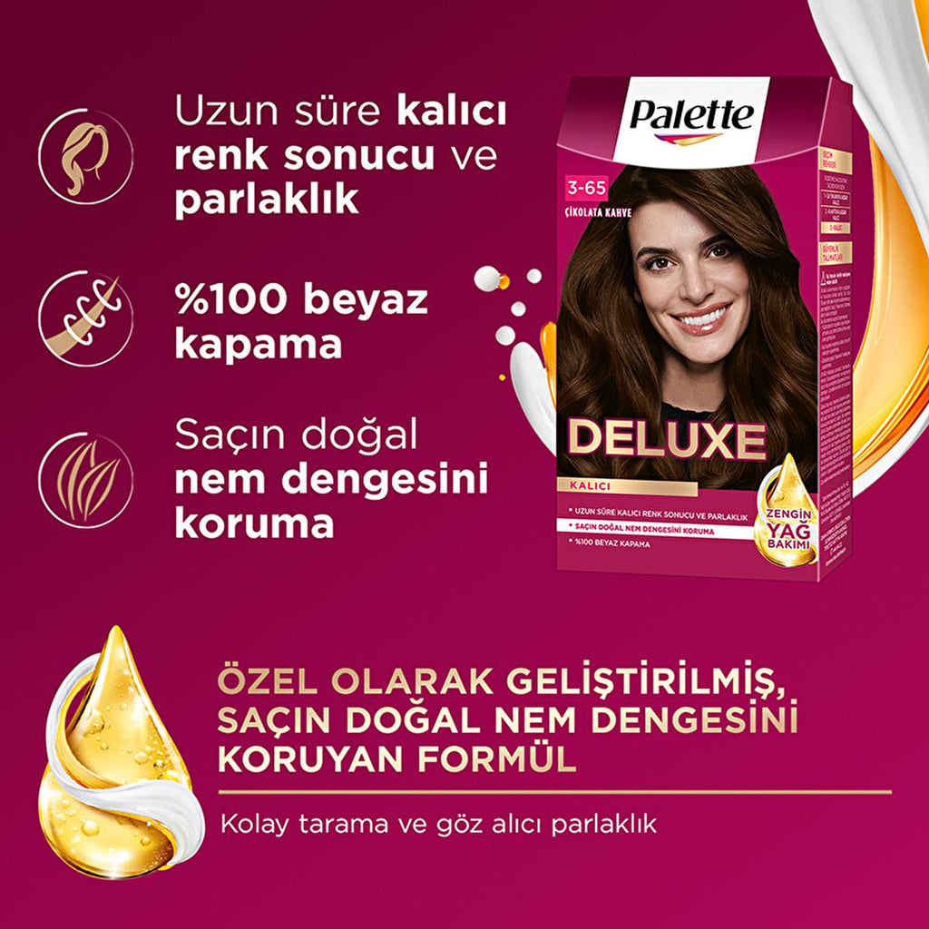 Palette Deluxe Chocolate Brown Hair Dye: Long Lasting, Rich Color & Shine - Permanent Hair Color 3-65 ‚ikolata Kahve