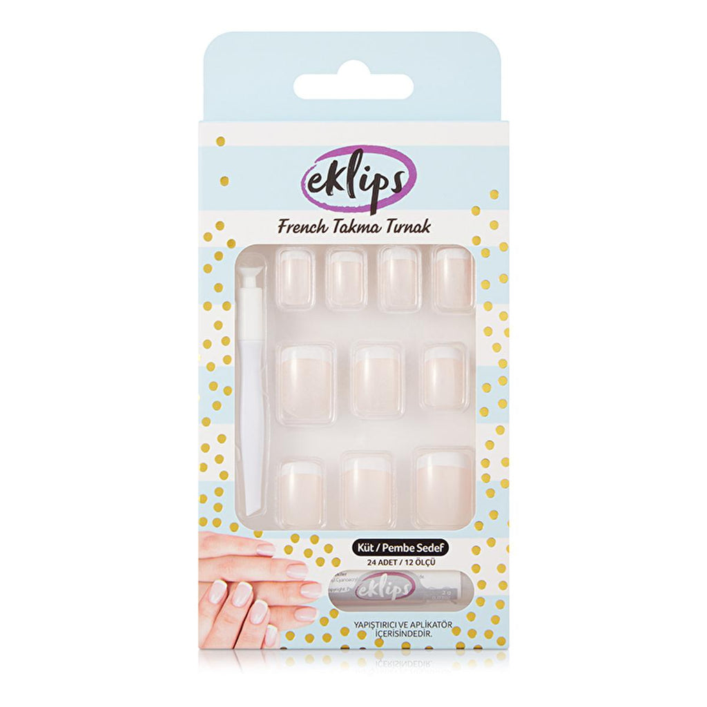 Eklips French Pearly Pink Square False Nails - Instant Manicure, Easy Application, Perfect Fit