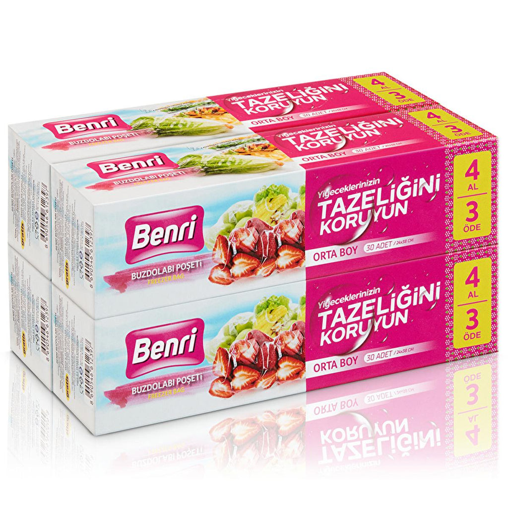 Benri Fridge Storage Bags - Medium Size (24x38cm) 4x30 Count - Reusable Storage Bags for Refrigerator Organization