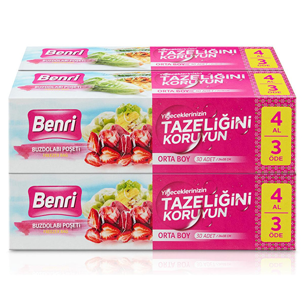 Benri Fridge Storage Bags - Medium Size (24x38cm) 4x30 Count - Reusable Storage Bags for Refrigerator Organization