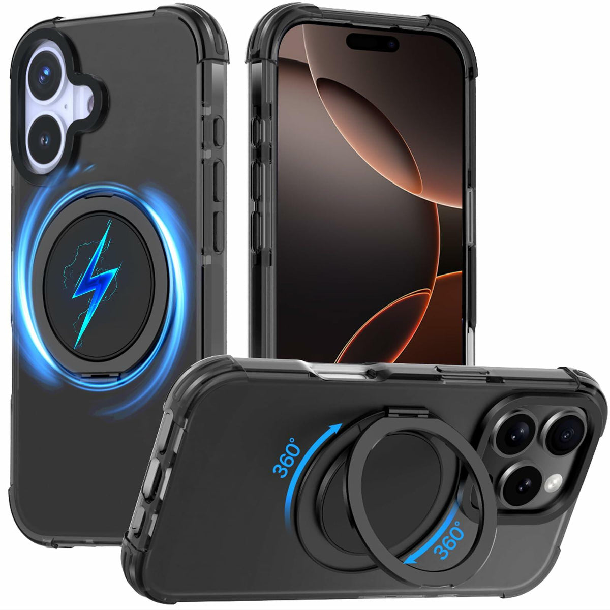 FUGTBLESS iPhone 16 Case 6.1" Translucent Magnetic O-Ring 360° Stand
