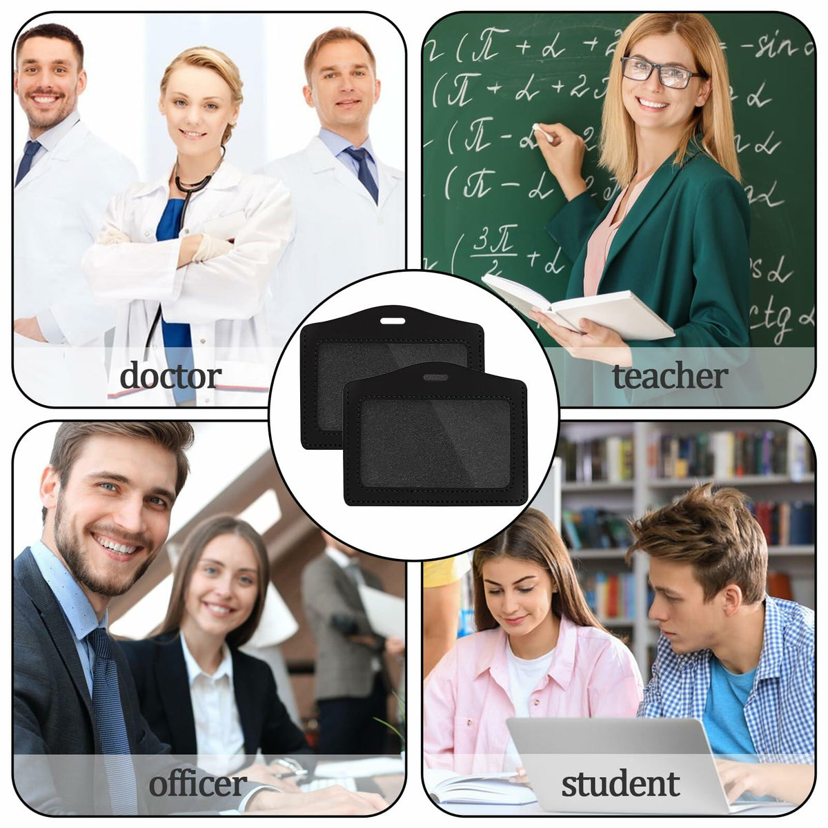 2 Pcs Genuine Leather Horizontal ID Badge Holders Clear Waterproof Black Gray