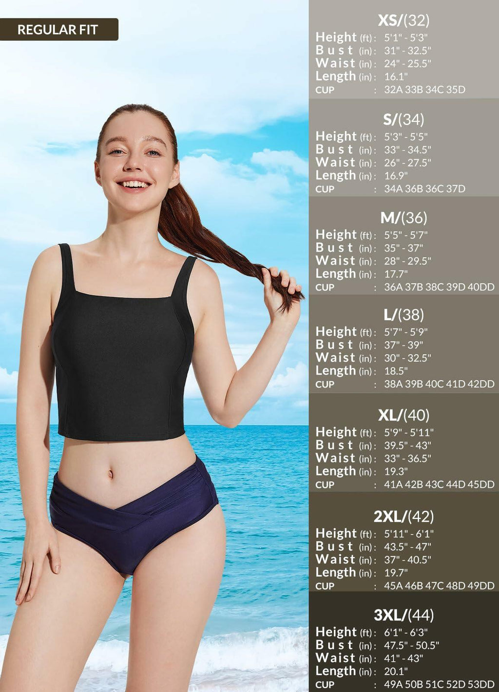 baleaf Women's Swim Top Modest Square Neck Tankini Black Size 36 Built-in Bra
