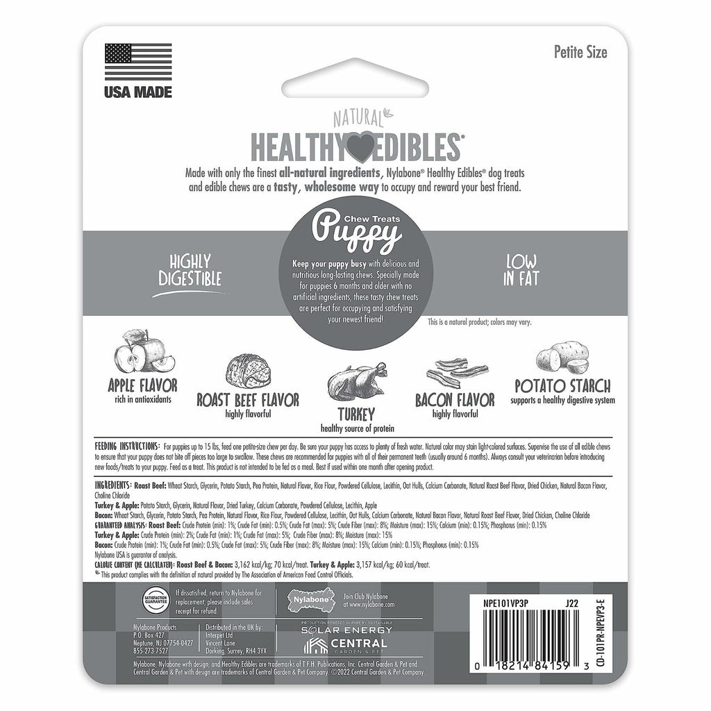 BestBy07/27 Nylabone Healthy Edibles Puppy Chews X-Small 3 Count Roast Beef
