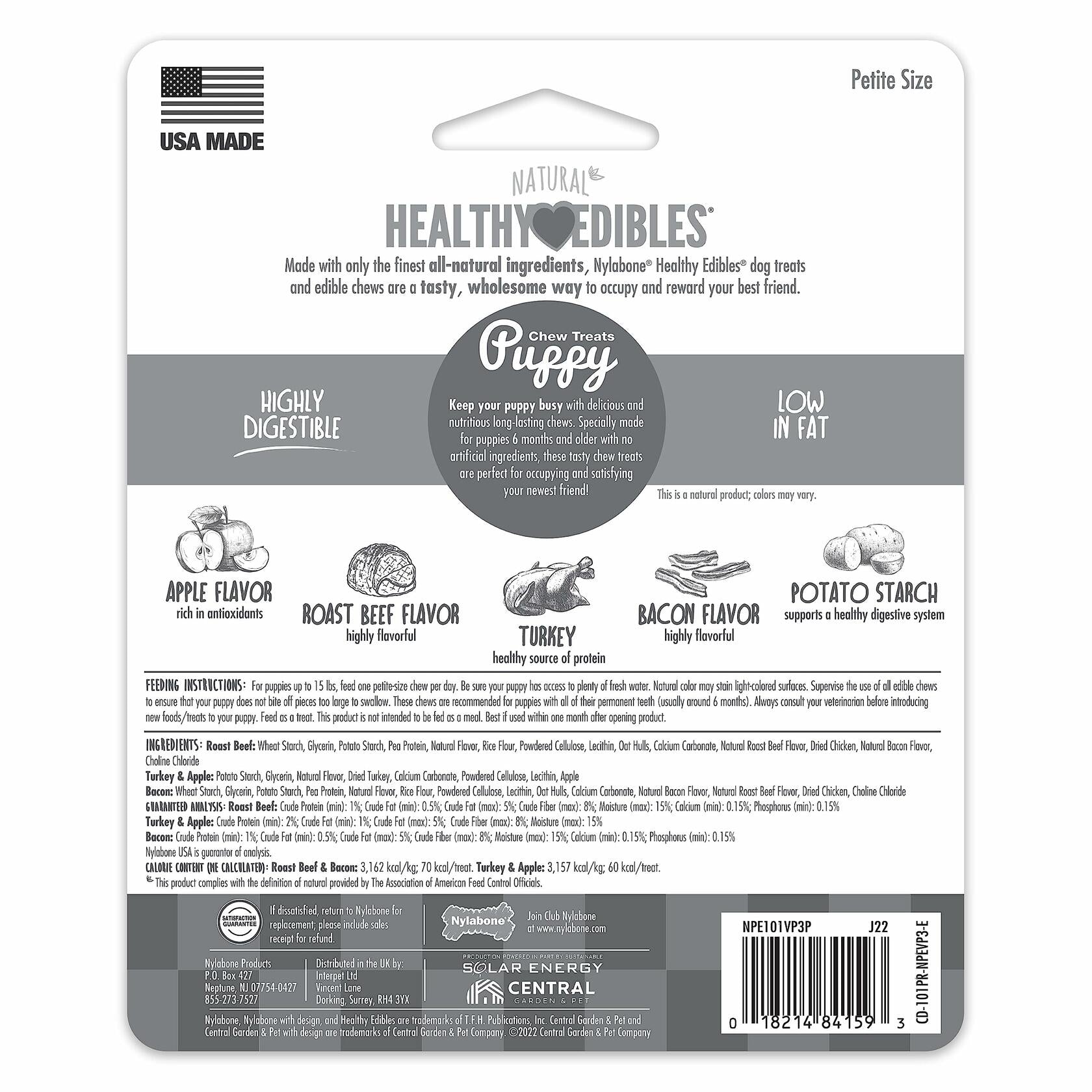 BestBy07/27 Nylabone Healthy Edibles Puppy Chews X-Small 3 Count Roast Beef
