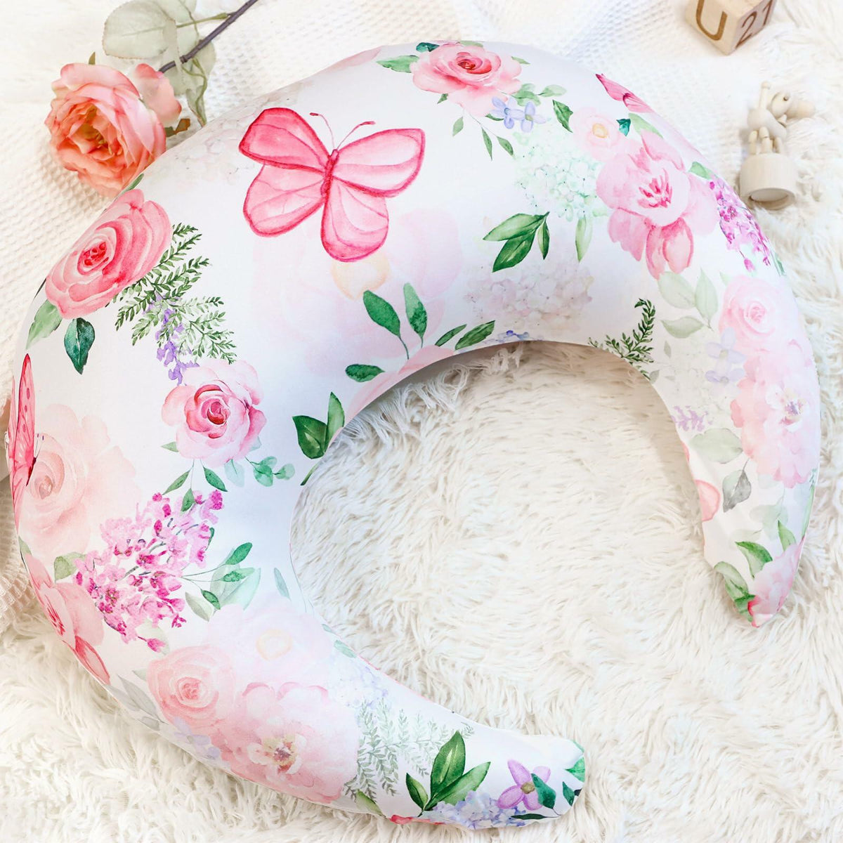 CARUILI Nursing Pillow Cover Pink Floral Ultra Soft Comfortable Only Case