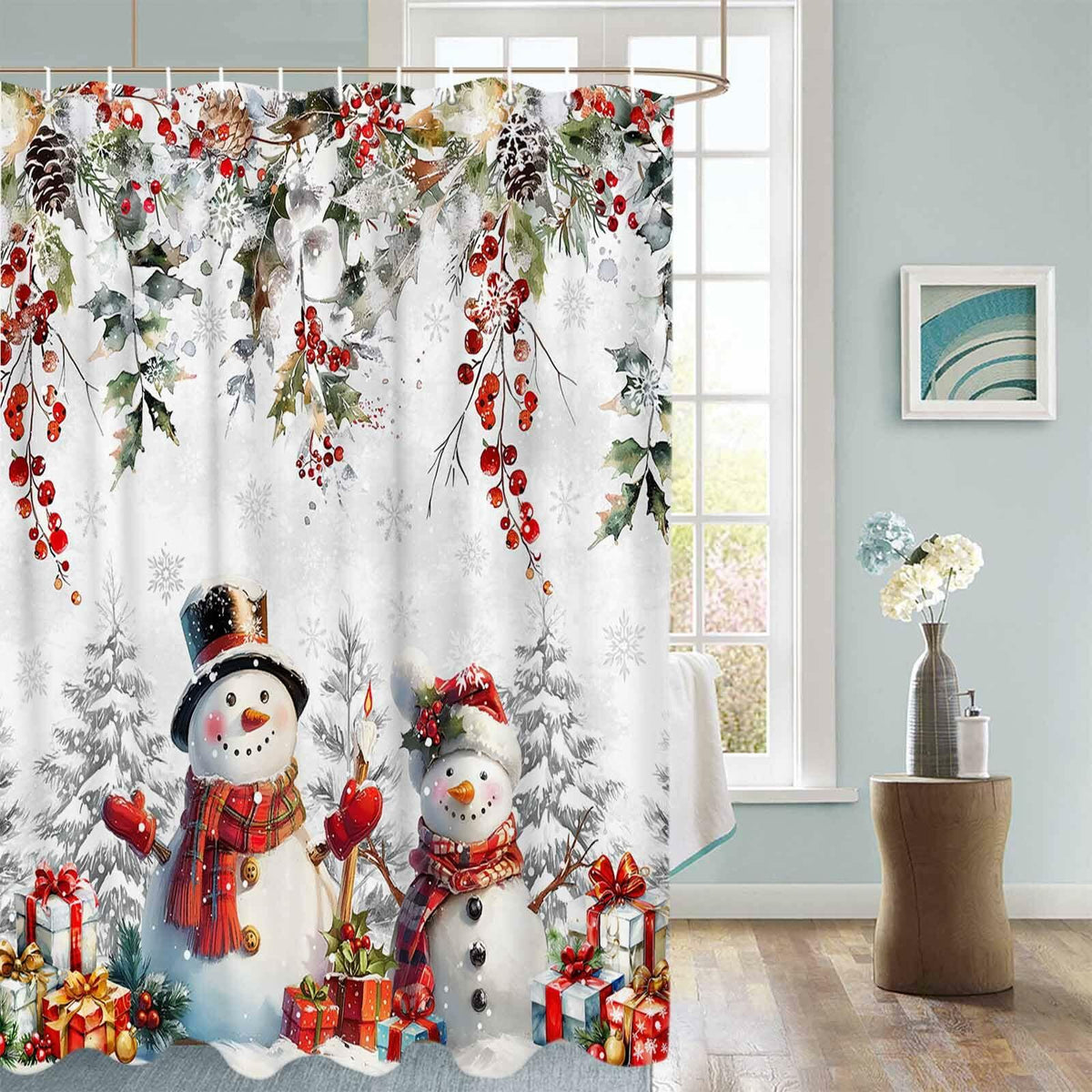 Christmas Snowman Shower Curtain 72x72in Waterproof Fabric Farmhouse 12 Hooks