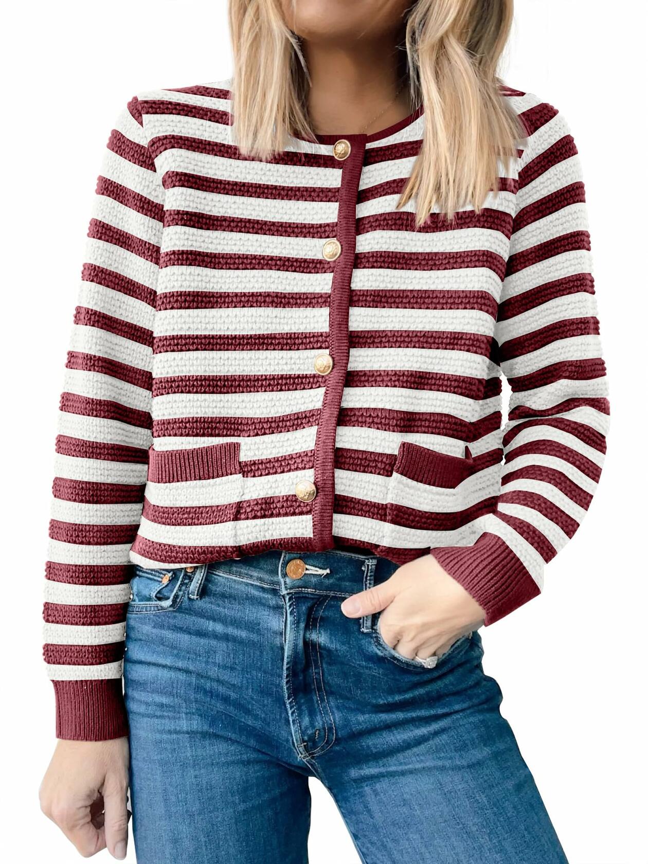 ANRABESS Women's Tweed Knit Cardigan White Red Stripe Size Small