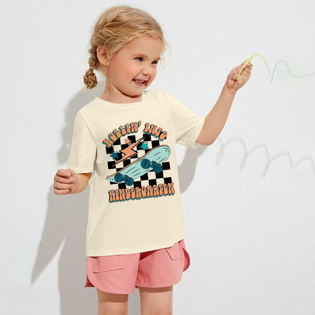 FAYALEQ Rollin Into Kindergarten Skateboard Shirt Beige Kids - Size 3-4T