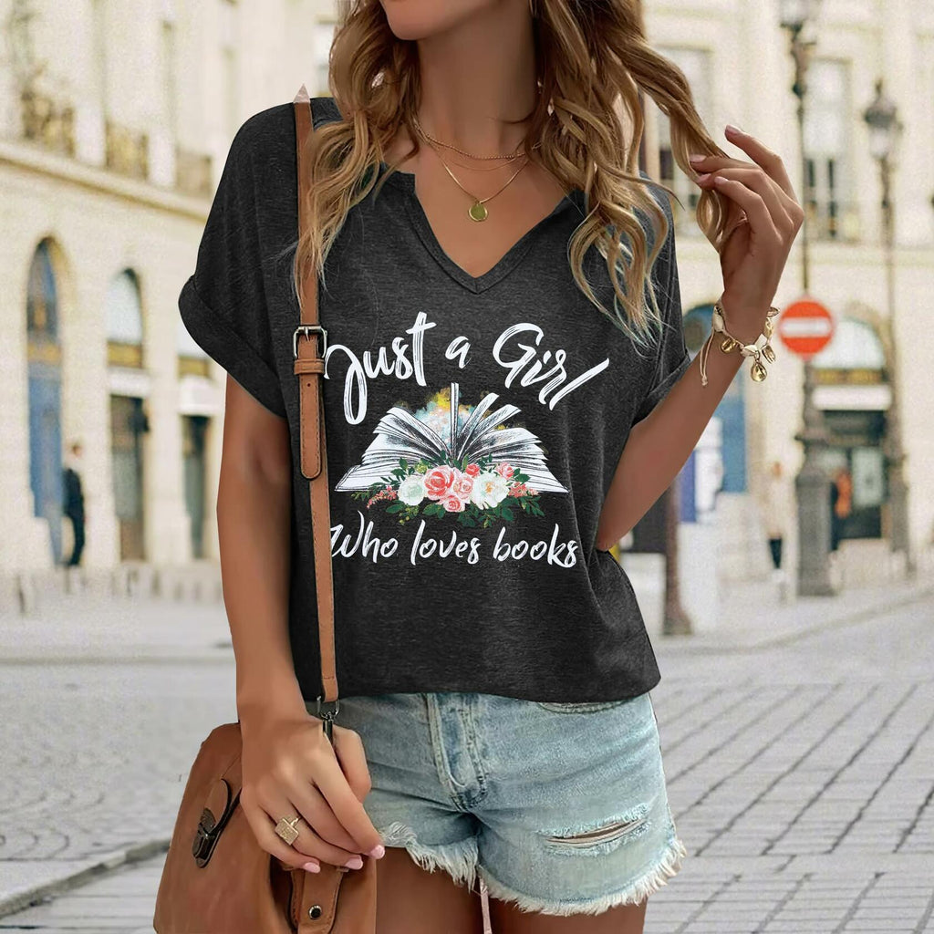 Women Book Lovers Graphic Tee V Neck Short Sleeve Dark Gray - Size M