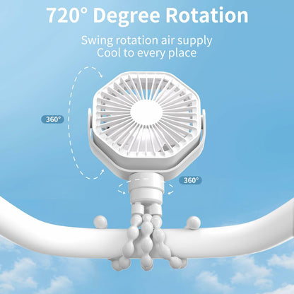 Lerat Portable Stroller Fan Flexible Tripod 3 Speeds Rechargeable White